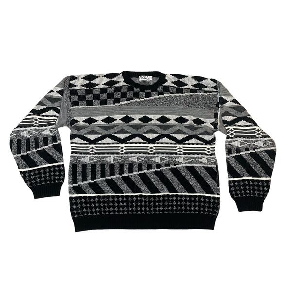 Vintage Area by Tag Knit Grandpa Sweater Retro Geometric Black White USA Size 1X - Picture 7 of 8